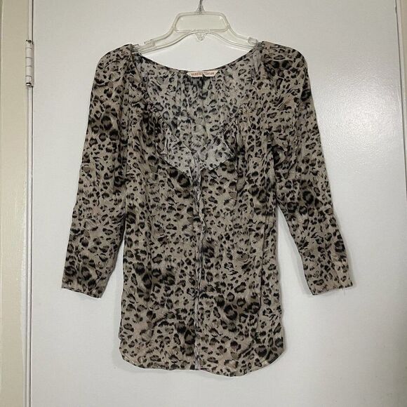 REBECCA TAYLOR brown Cheetah chiffon ruffle vneck blouse top size 0 - Picture 1 of 5